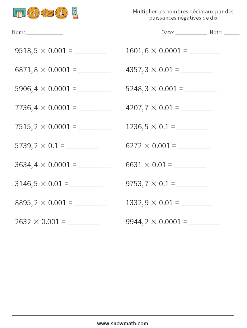Multiplier les nombres décimaux par des puissances négatives de dix Fiches d'Exercices de Mathématiques 18