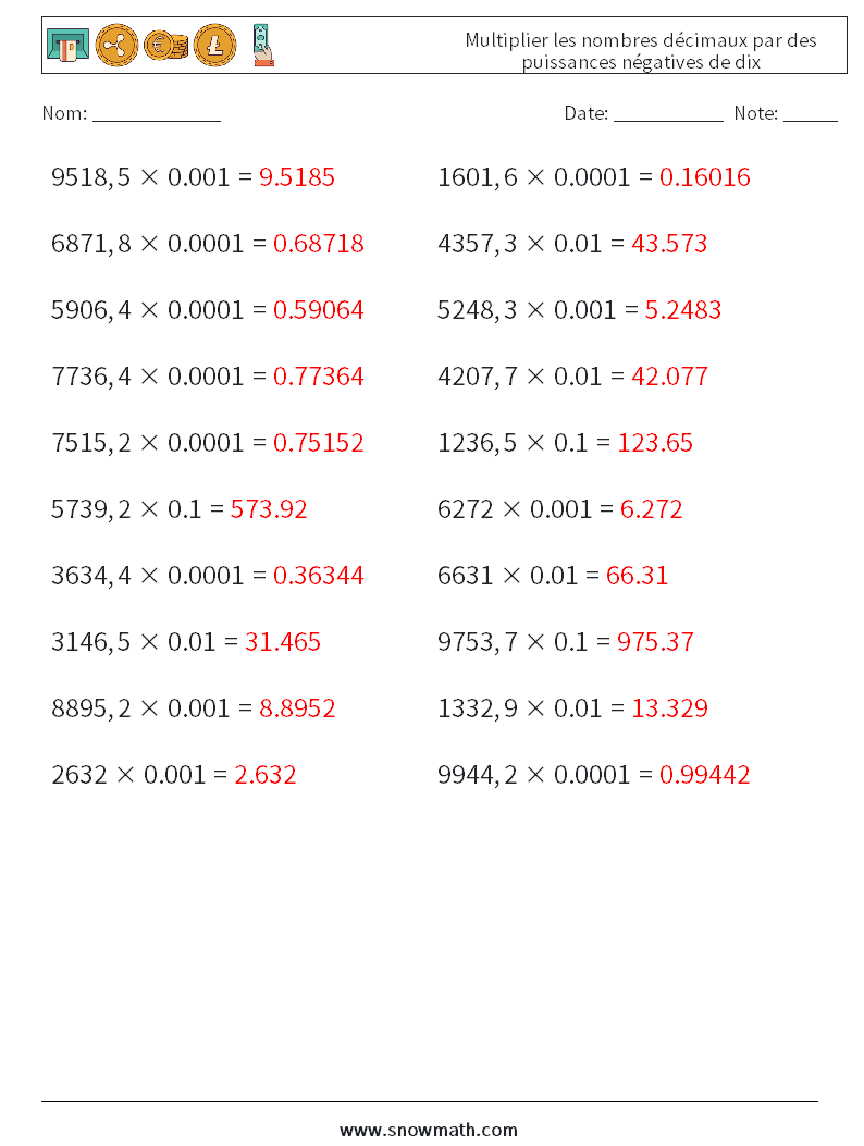 Multiplier les nombres décimaux par des puissances négatives de dix Fiches d'Exercices de Mathématiques 18 Question, Réponse