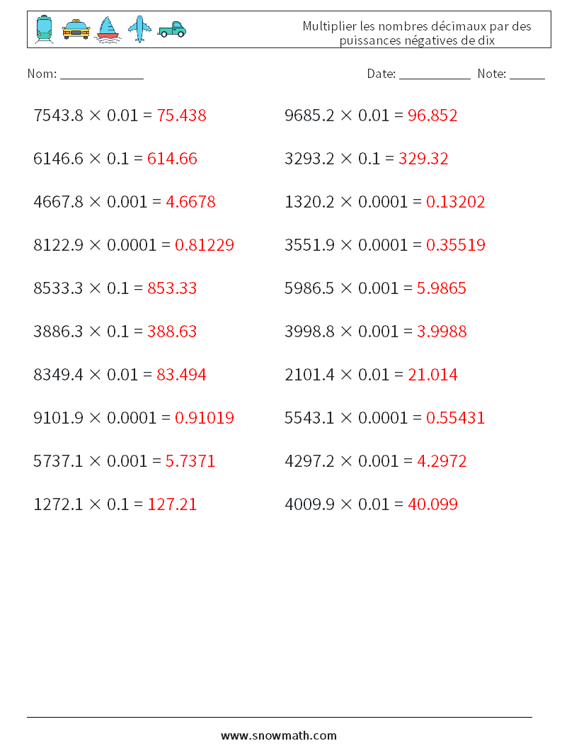 Multiplier les nombres décimaux par des puissances négatives de dix Fiches d'Exercices de Mathématiques 1 Question, Réponse