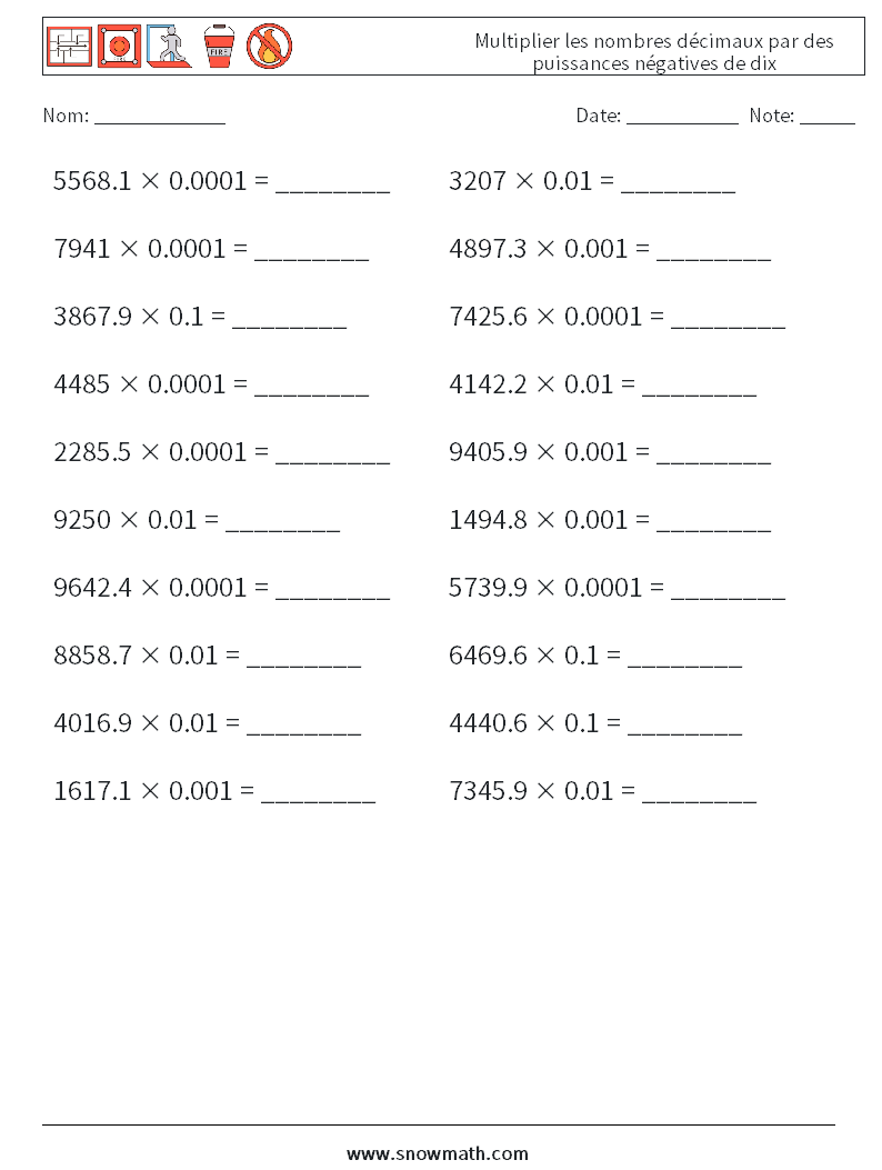 Multiplier les nombres décimaux par des puissances négatives de dix Fiches d'Exercices de Mathématiques 2