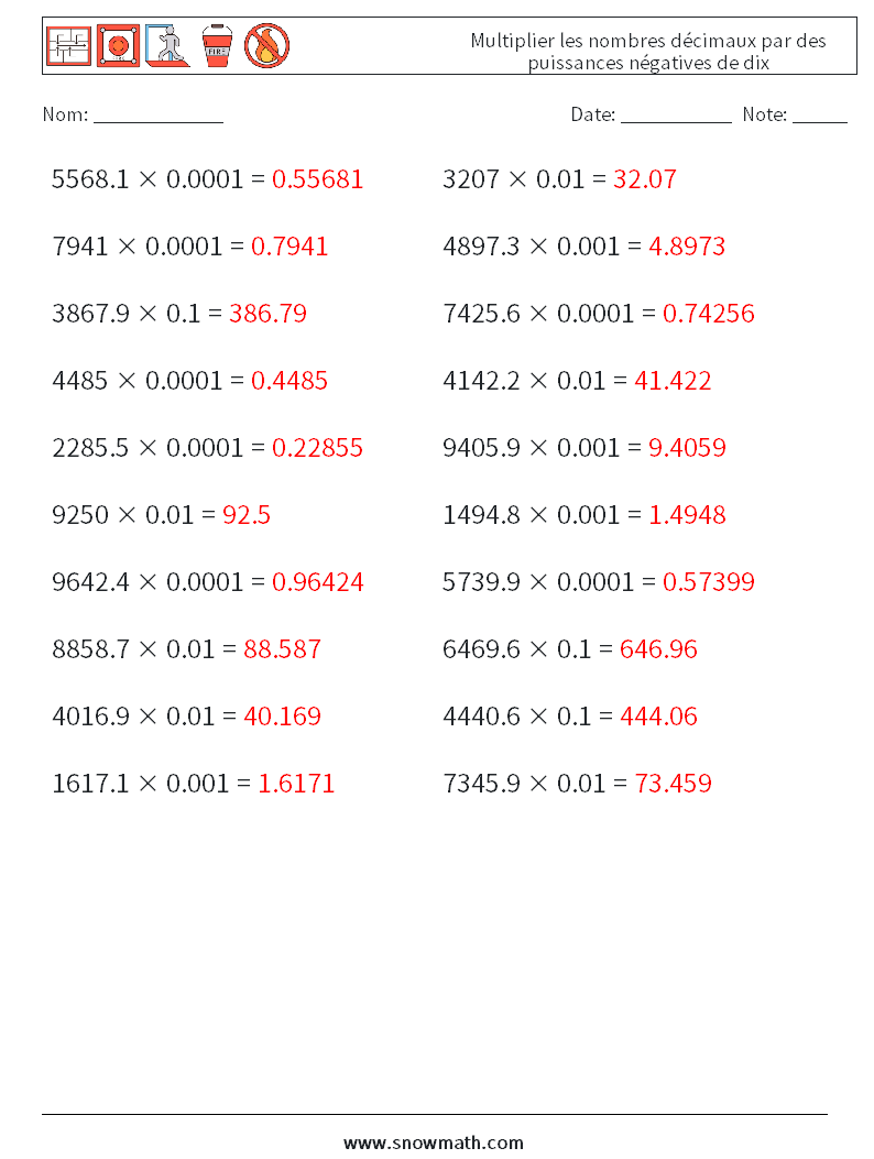 Multiplier les nombres décimaux par des puissances négatives de dix Fiches d'Exercices de Mathématiques 2 Question, Réponse