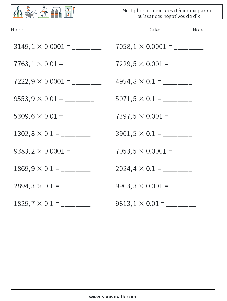 Multiplier les nombres décimaux par des puissances négatives de dix Fiches d'Exercices de Mathématiques 3