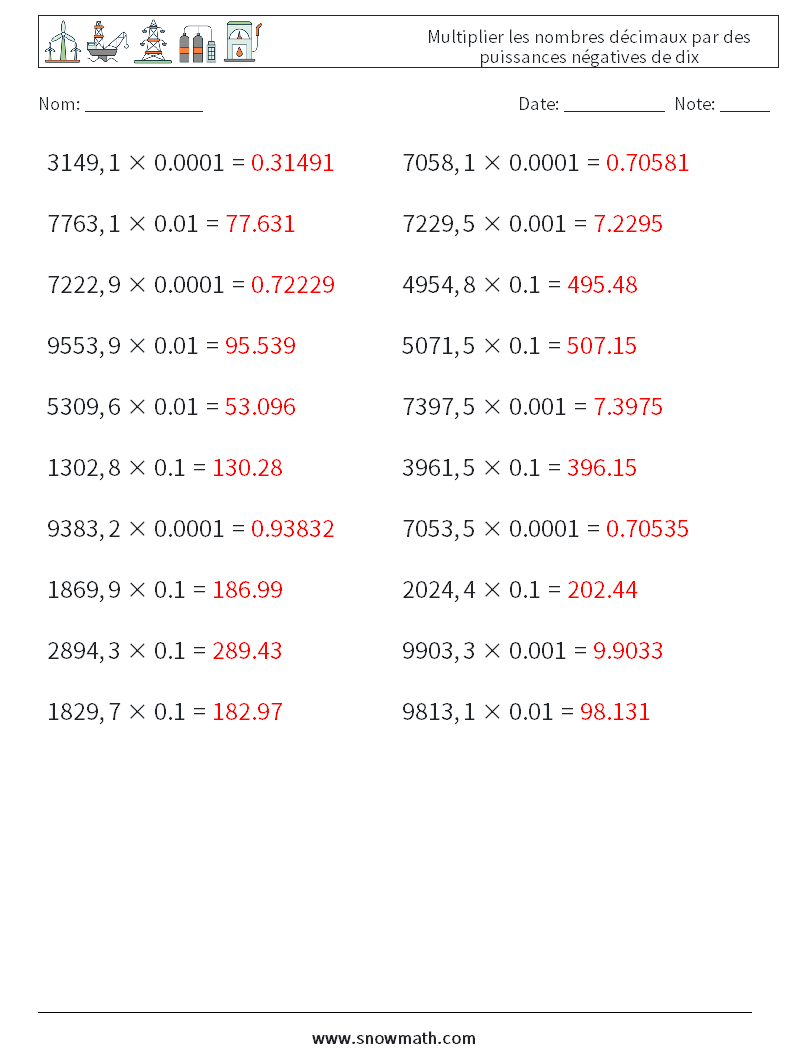 Multiplier les nombres décimaux par des puissances négatives de dix Fiches d'Exercices de Mathématiques 3 Question, Réponse