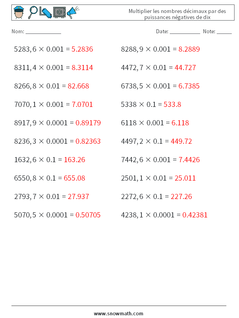 Multiplier les nombres décimaux par des puissances négatives de dix Fiches d'Exercices de Mathématiques 4 Question, Réponse