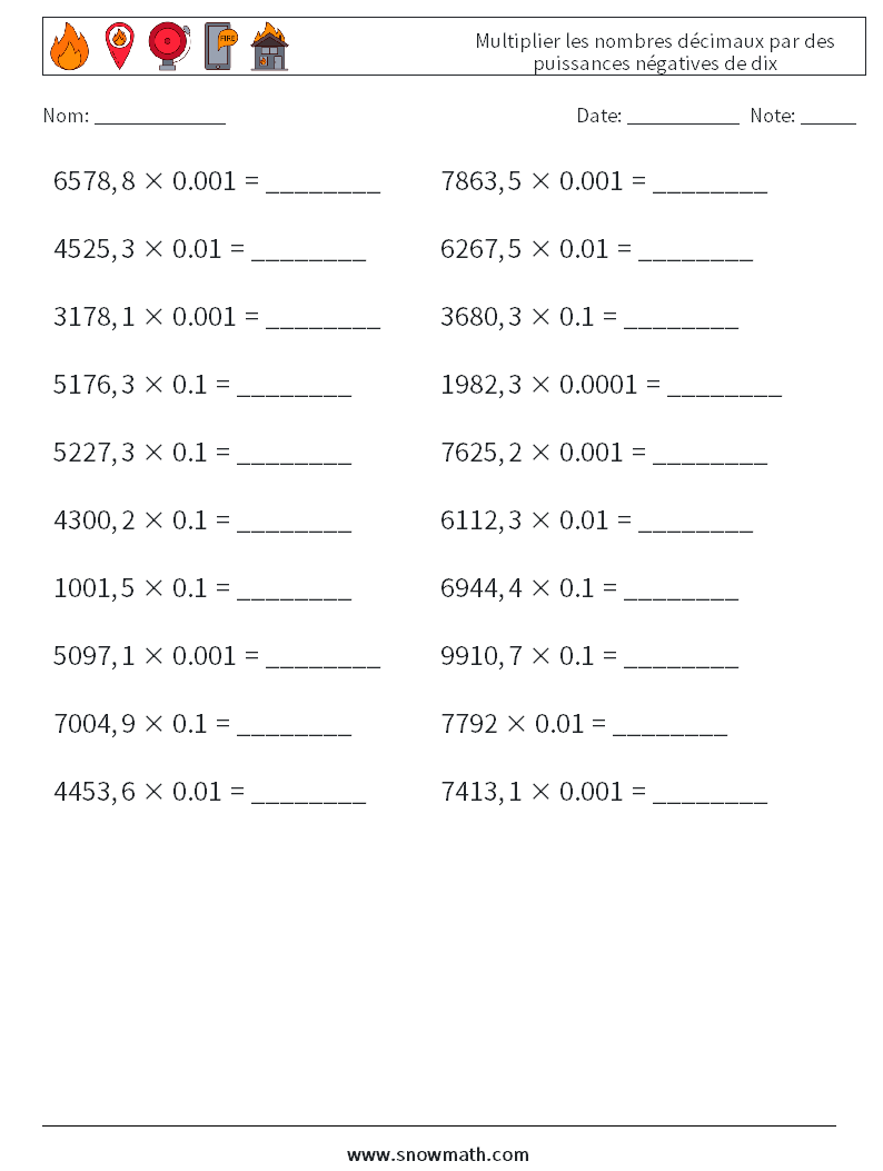 Multiplier les nombres décimaux par des puissances négatives de dix Fiches d'Exercices de Mathématiques 5