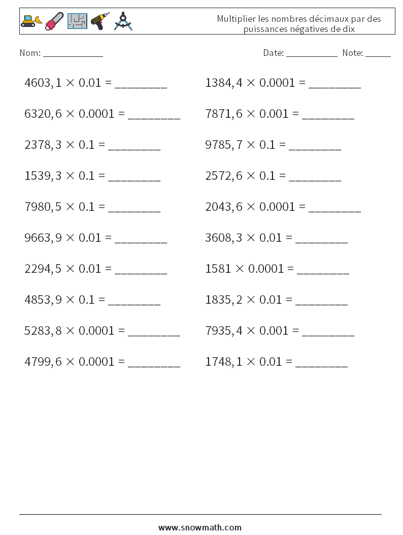 Multiplier les nombres décimaux par des puissances négatives de dix Fiches d'Exercices de Mathématiques 6