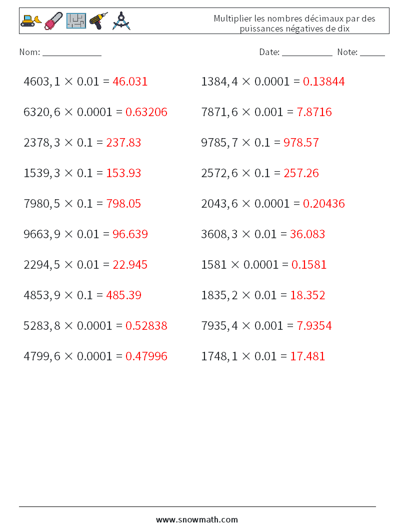 Multiplier les nombres décimaux par des puissances négatives de dix Fiches d'Exercices de Mathématiques 6 Question, Réponse