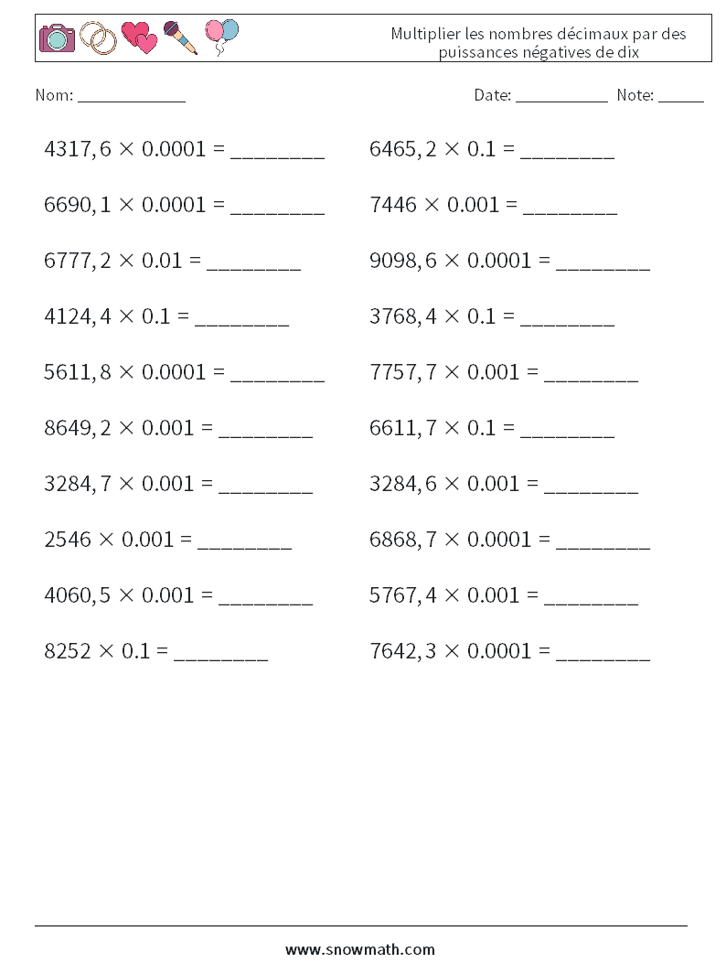 Multiplier les nombres décimaux par des puissances négatives de dix Fiches d'Exercices de Mathématiques 8
