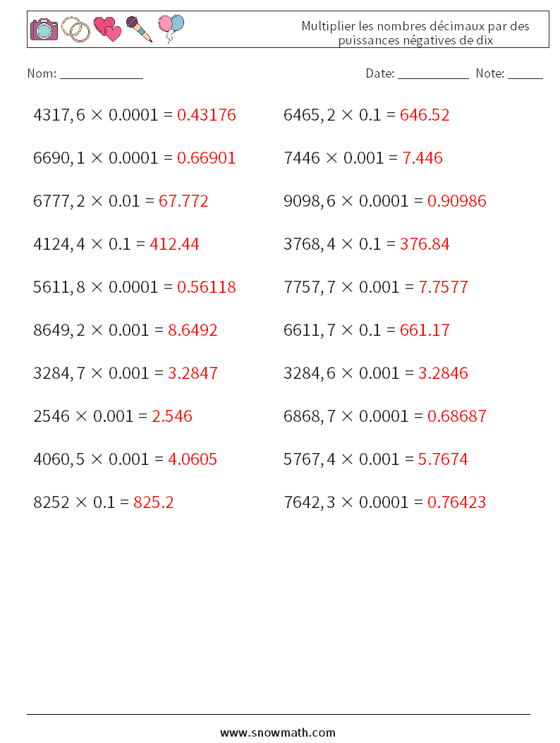 Multiplier les nombres décimaux par des puissances négatives de dix Fiches d'Exercices de Mathématiques 8 Question, Réponse
