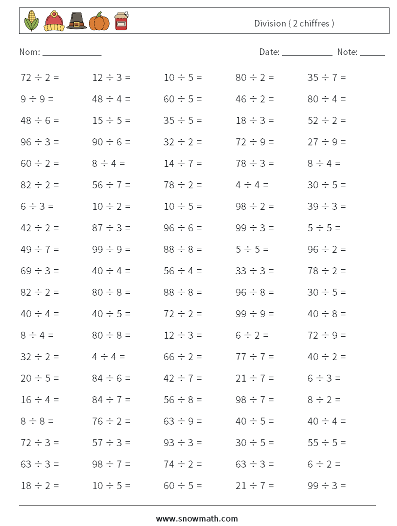 (100) Division ( 2 chiffres ) Fiches d'Exercices de Mathématiques 7