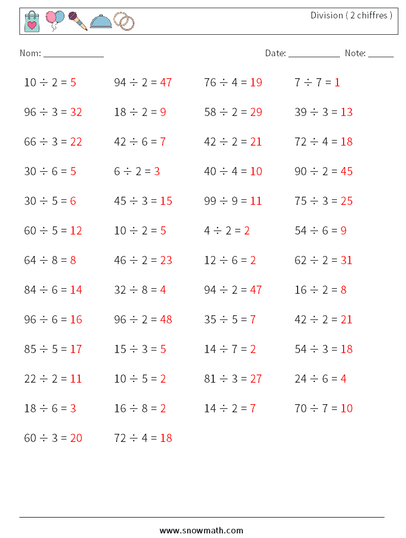 (50) Division ( 2 chiffres ) Fiches d'Exercices de Mathématiques 4 Question, Réponse
