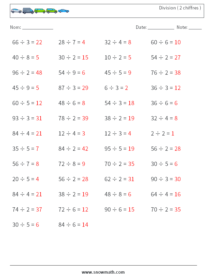 (50) Division ( 2 chiffres ) Fiches d'Exercices de Mathématiques 6 Question, Réponse