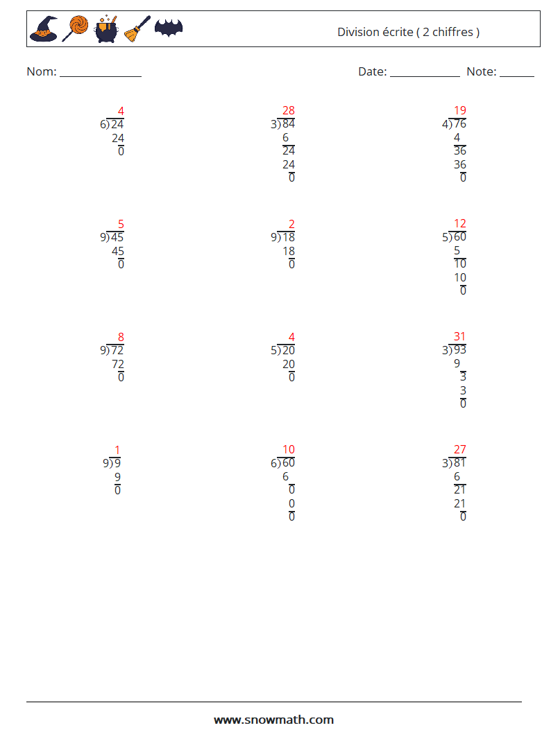 (12) Division écrite ( 2 chiffres ) Fiches d'Exercices de Mathématiques 10 Question, Réponse