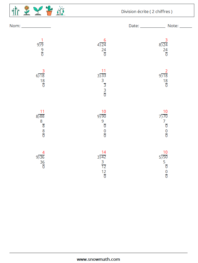 (12) Division écrite ( 2 chiffres ) Fiches d'Exercices de Mathématiques 11 Question, Réponse