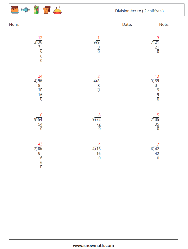 (12) Division écrite ( 2 chiffres ) Fiches d'Exercices de Mathématiques 12 Question, Réponse