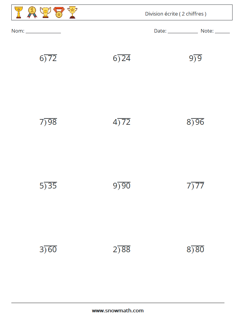 (12) Division écrite ( 2 chiffres ) Fiches d'Exercices de Mathématiques 13