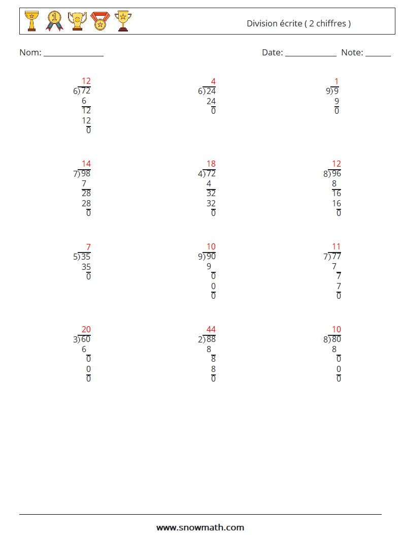 (12) Division écrite ( 2 chiffres ) Fiches d'Exercices de Mathématiques 13 Question, Réponse