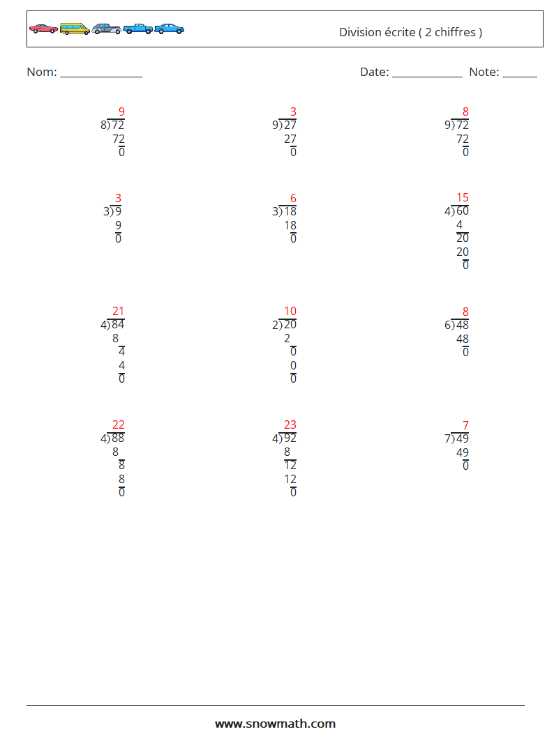 (12) Division écrite ( 2 chiffres ) Fiches d'Exercices de Mathématiques 15 Question, Réponse