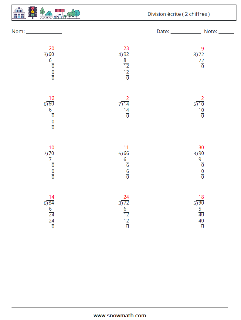 (12) Division écrite ( 2 chiffres ) Fiches d'Exercices de Mathématiques 16 Question, Réponse
