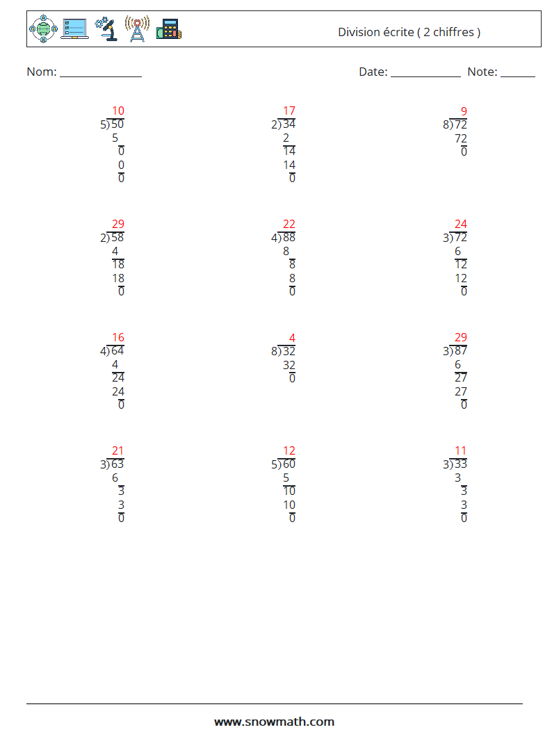 (12) Division écrite ( 2 chiffres ) Fiches d'Exercices de Mathématiques 17 Question, Réponse