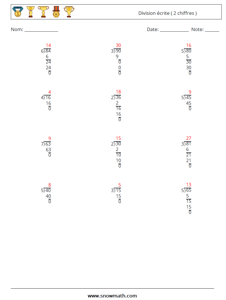 (12) Division écrite ( 2 chiffres ) Fiches d'Exercices de Mathématiques 18 Question, Réponse