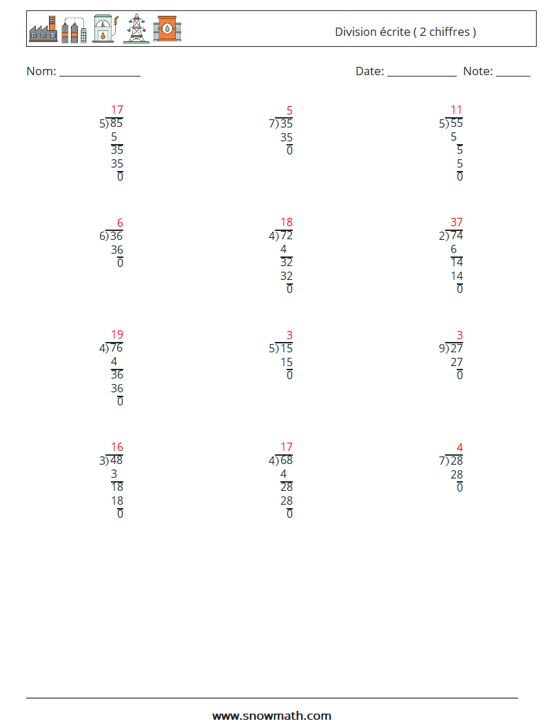 (12) Division écrite ( 2 chiffres ) Fiches d'Exercices de Mathématiques 2 Question, Réponse