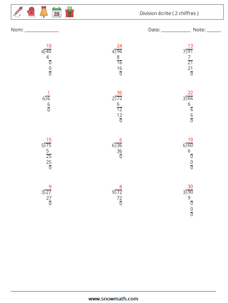 (12) Division écrite ( 2 chiffres ) Fiches d'Exercices de Mathématiques 3 Question, Réponse