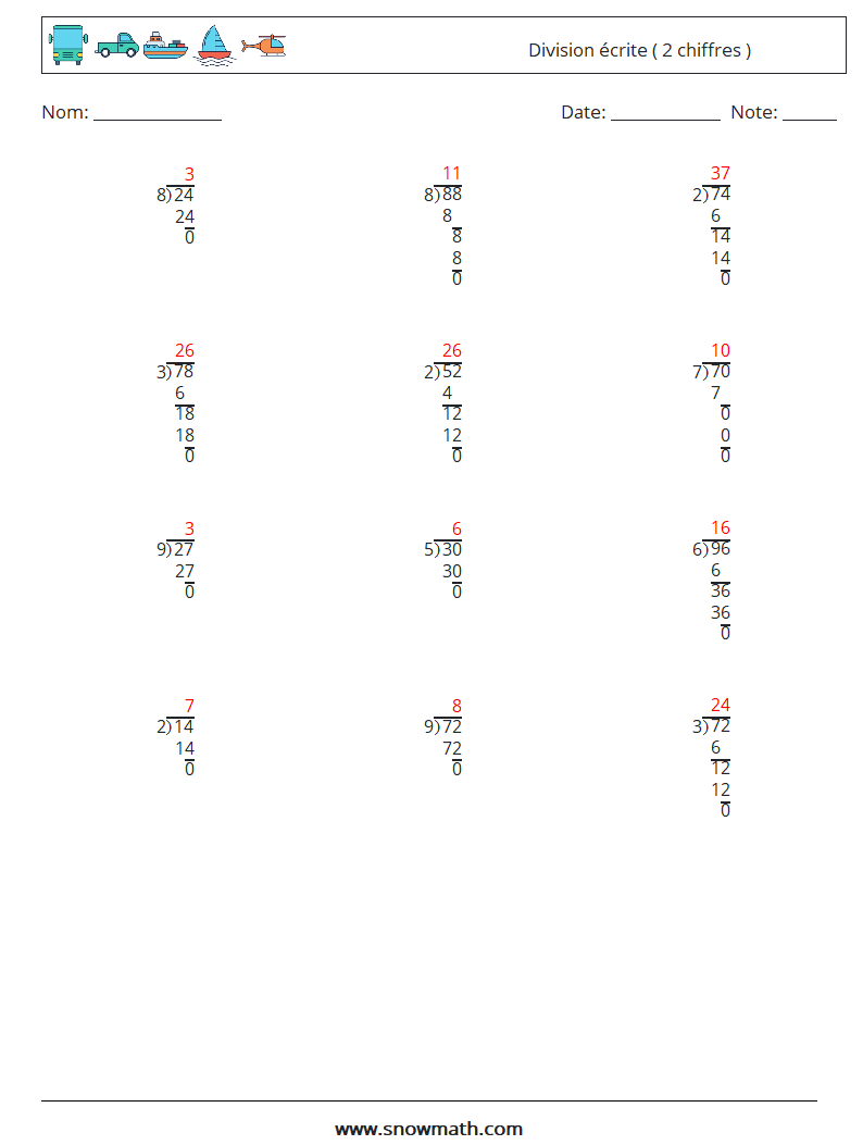 (12) Division écrite ( 2 chiffres ) Fiches d'Exercices de Mathématiques 4 Question, Réponse