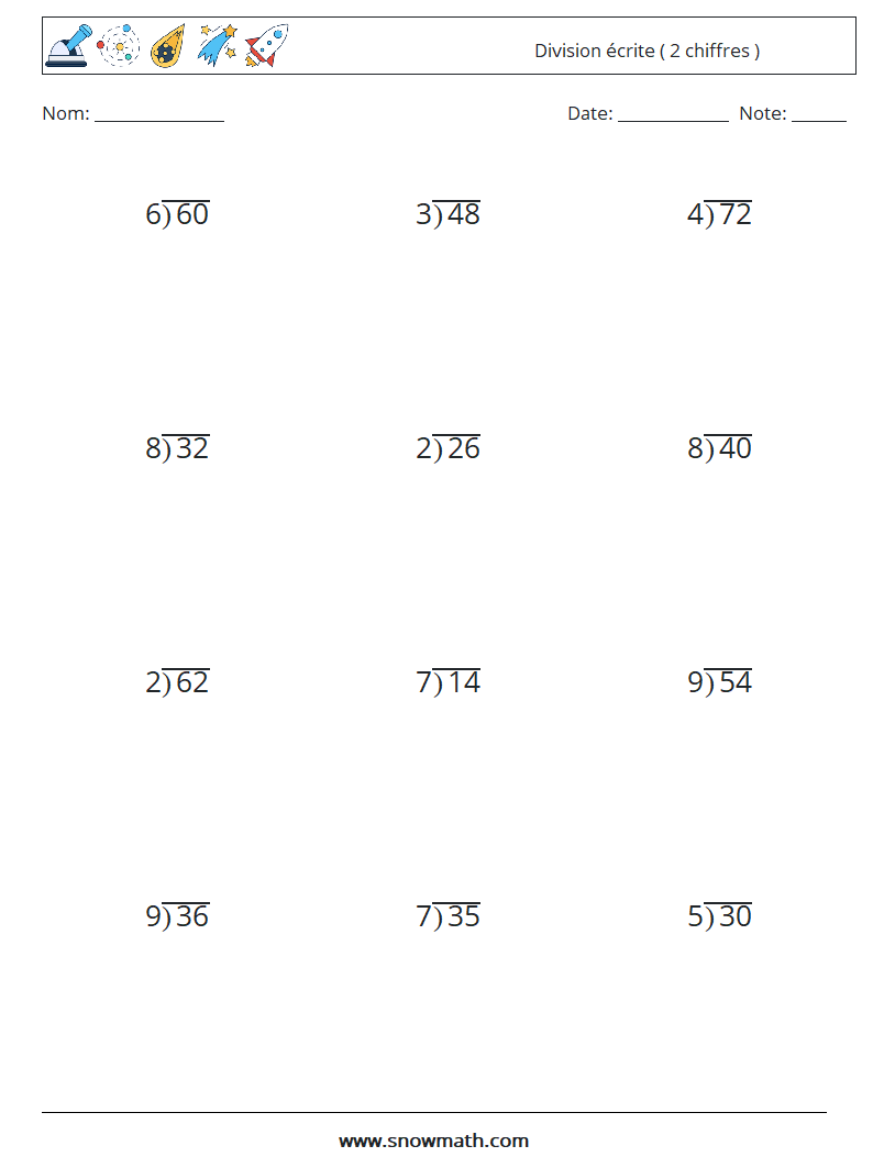 (12) Division écrite ( 2 chiffres ) Fiches d'Exercices de Mathématiques 5