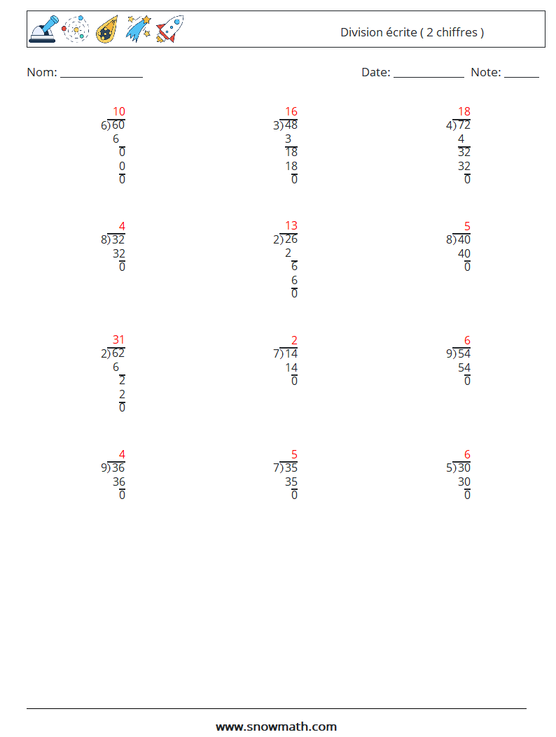 (12) Division écrite ( 2 chiffres ) Fiches d'Exercices de Mathématiques 5 Question, Réponse