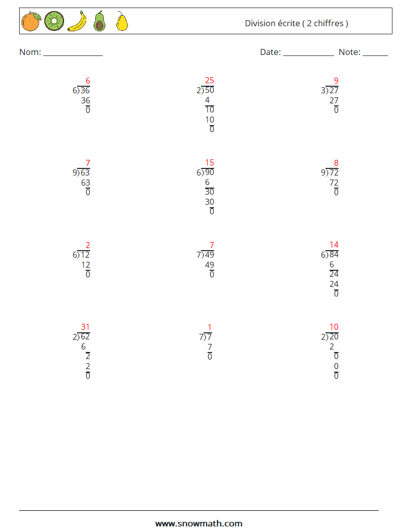 (12) Division écrite ( 2 chiffres ) Fiches d'Exercices de Mathématiques 7 Question, Réponse
