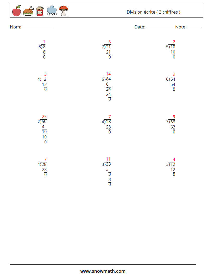 (12) Division écrite ( 2 chiffres ) Fiches d'Exercices de Mathématiques 8 Question, Réponse