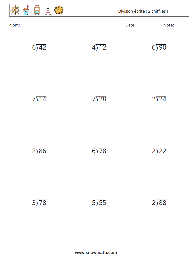 (12) Division écrite ( 2 chiffres ) Fiches d'Exercices de Mathématiques 9