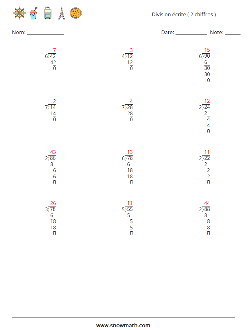 (12) Division écrite ( 2 chiffres ) Fiches d'Exercices de Mathématiques 9 Question, Réponse