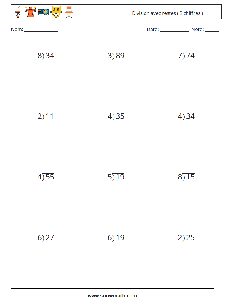 (12) Division avec restes ( 2 chiffres ) Fiches d'Exercices de Mathématiques 1