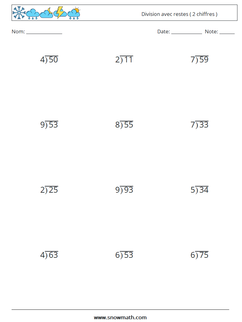 (12) Division avec restes ( 2 chiffres ) Fiches d'Exercices de Mathématiques 10