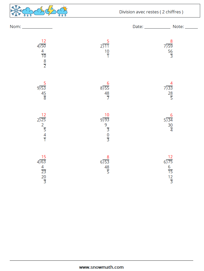 (12) Division avec restes ( 2 chiffres ) Fiches d'Exercices de Mathématiques 10 Question, Réponse
