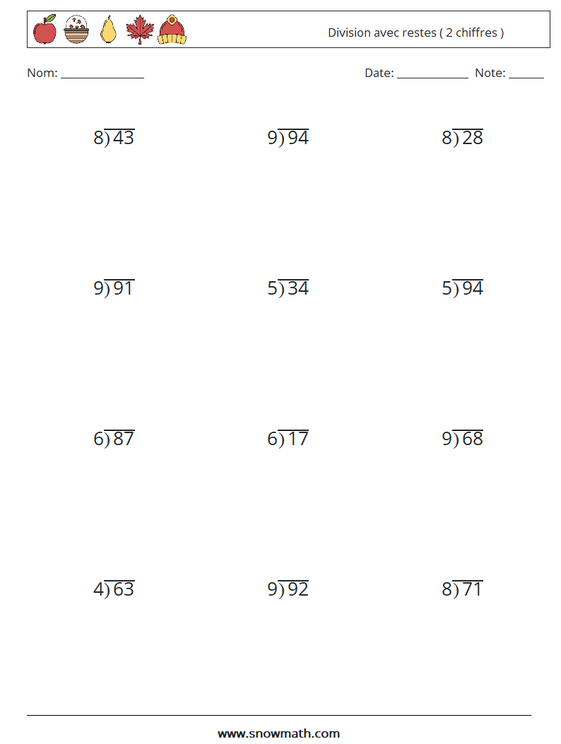 (12) Division avec restes ( 2 chiffres ) Fiches d'Exercices de Mathématiques 11