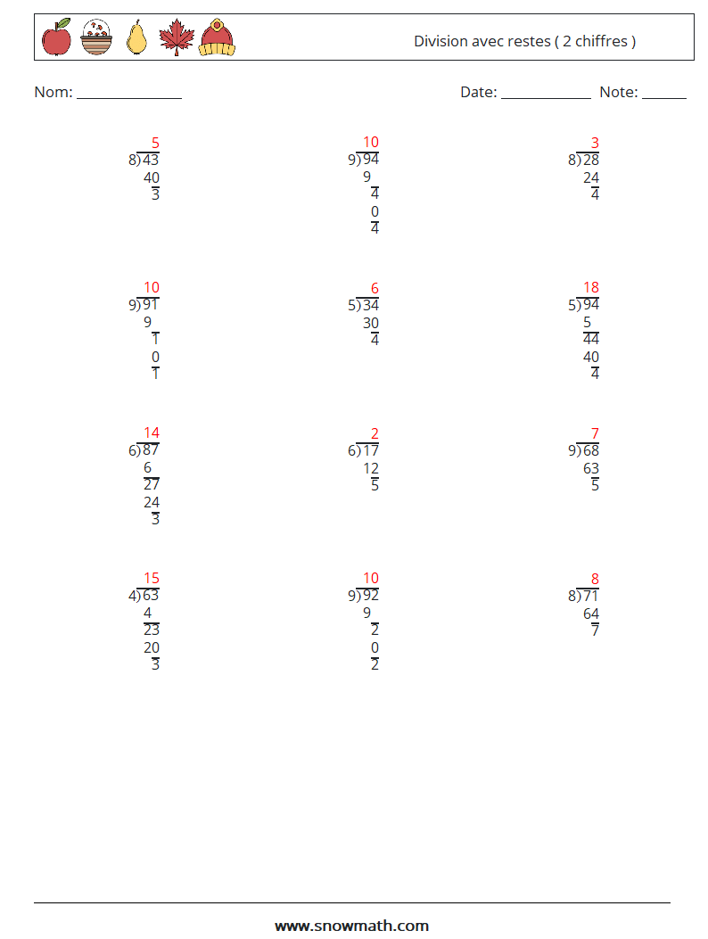 (12) Division avec restes ( 2 chiffres ) Fiches d'Exercices de Mathématiques 11 Question, Réponse
