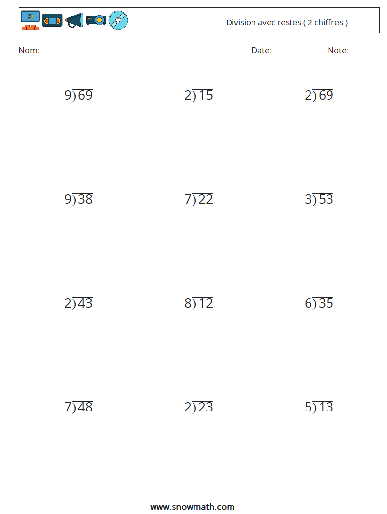 (12) Division avec restes ( 2 chiffres ) Fiches d'Exercices de Mathématiques 12