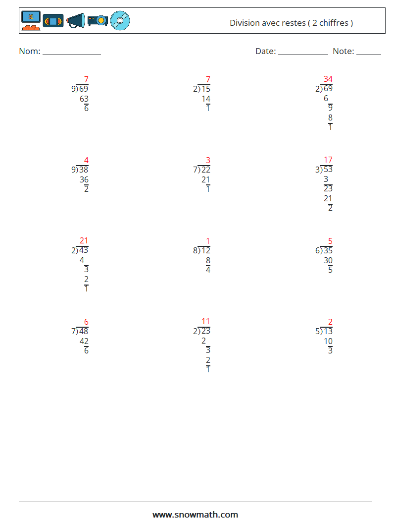 (12) Division avec restes ( 2 chiffres ) Fiches d'Exercices de Mathématiques 12 Question, Réponse