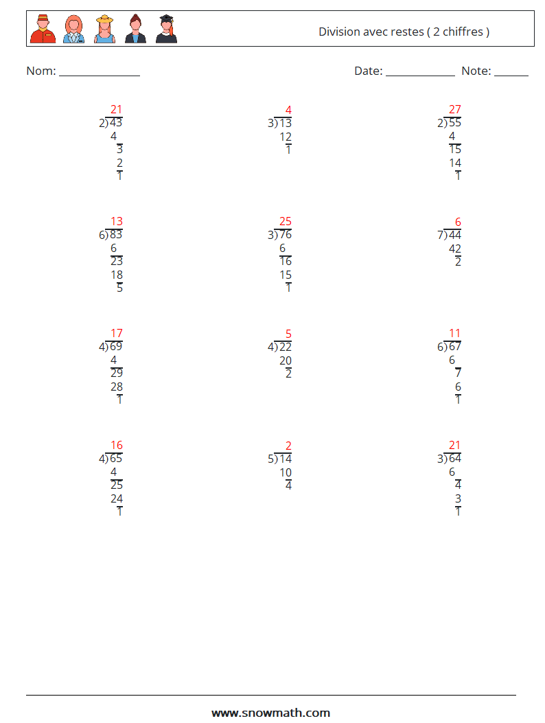 (12) Division avec restes ( 2 chiffres ) Fiches d'Exercices de Mathématiques 13 Question, Réponse