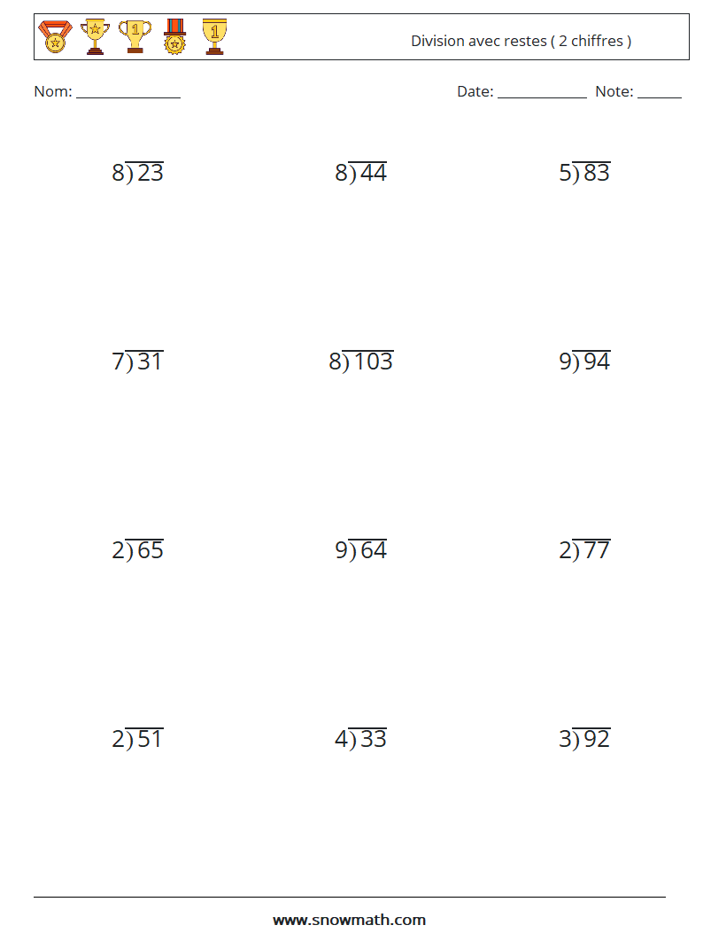 (12) Division avec restes ( 2 chiffres ) Fiches d'Exercices de Mathématiques 14