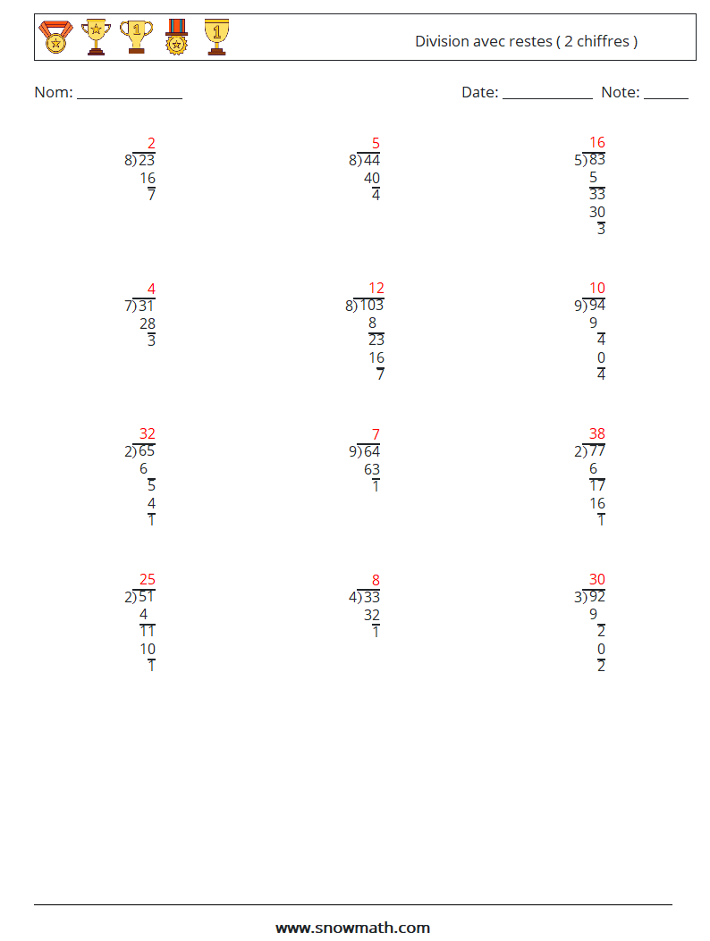 (12) Division avec restes ( 2 chiffres ) Fiches d'Exercices de Mathématiques 14 Question, Réponse