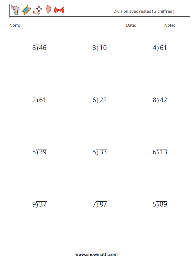 (12) Division avec restes ( 2 chiffres ) Fiches d'Exercices de Mathématiques 15
