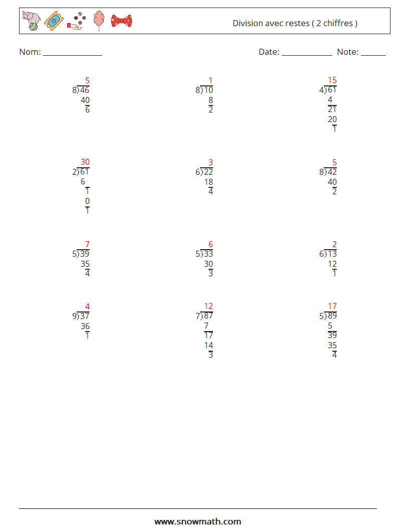 (12) Division avec restes ( 2 chiffres ) Fiches d'Exercices de Mathématiques 15 Question, Réponse