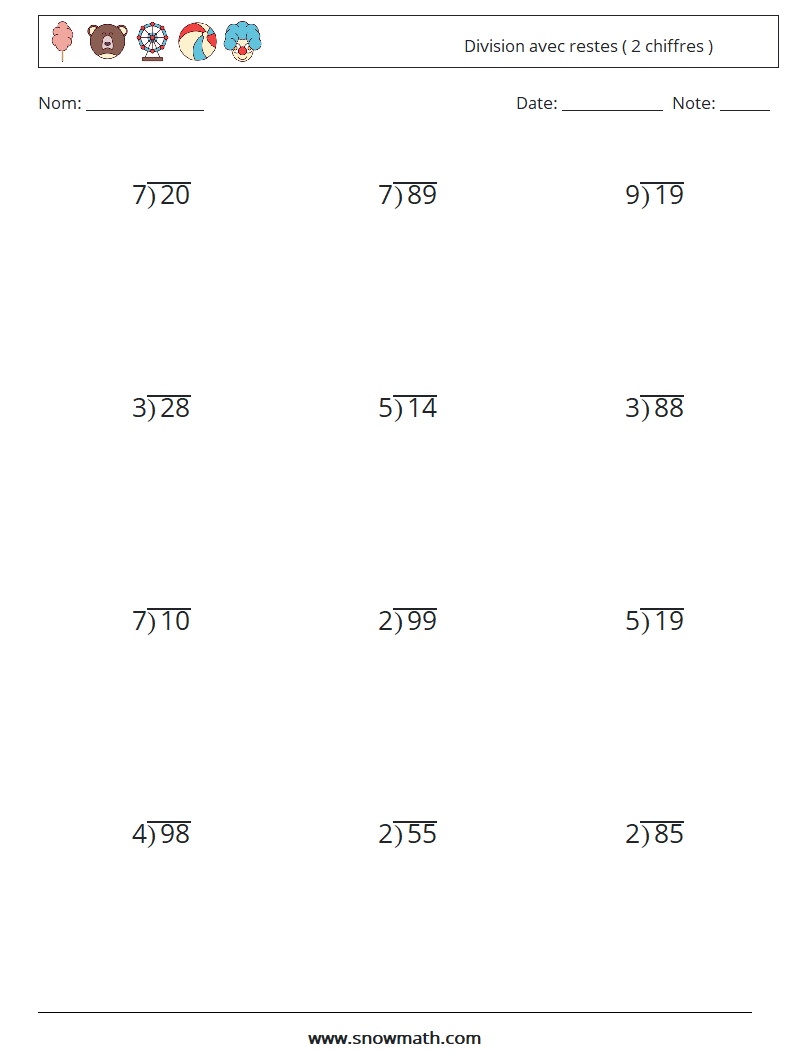 (12) Division avec restes ( 2 chiffres ) Fiches d'Exercices de Mathématiques 16
