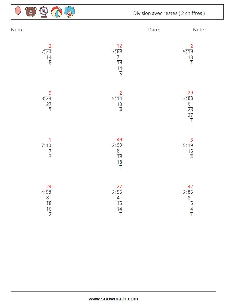 (12) Division avec restes ( 2 chiffres ) Fiches d'Exercices de Mathématiques 16 Question, Réponse