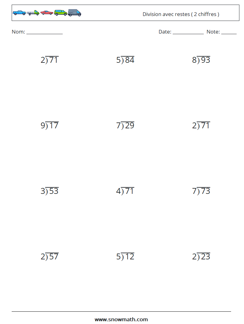 (12) Division avec restes ( 2 chiffres ) Fiches d'Exercices de Mathématiques 17