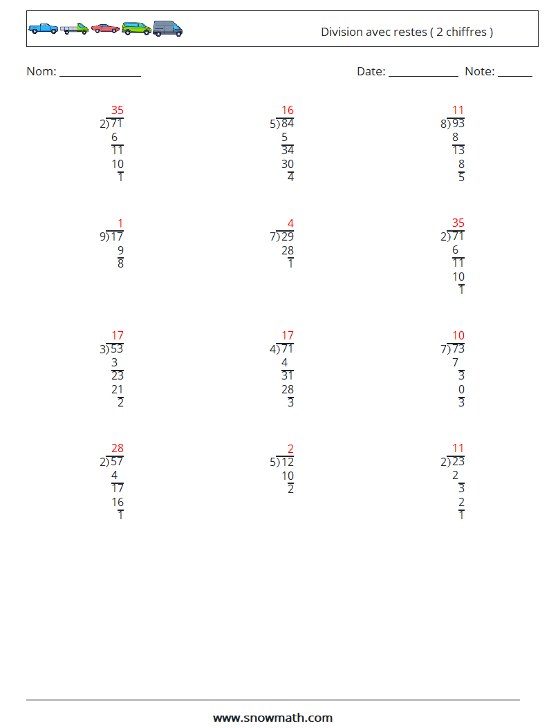 (12) Division avec restes ( 2 chiffres ) Fiches d'Exercices de Mathématiques 17 Question, Réponse
